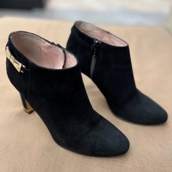 Kate Spade Womens Black Suede Gold Bow Heeled Ankle Bootie Side Zip Size 8.5 - Picture 7 of 9
